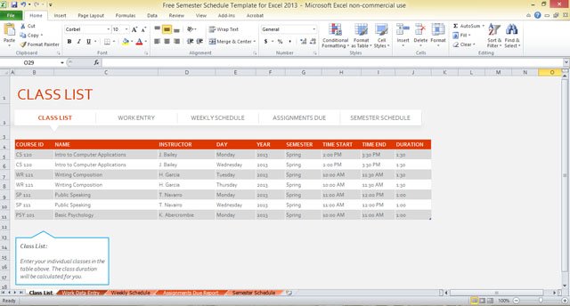 free semester schedule template for excel 2013 student class schedule template