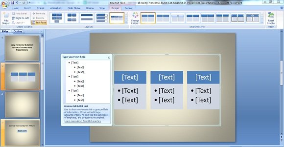 Using horizontal bullet list smartart in powerpoint presentations