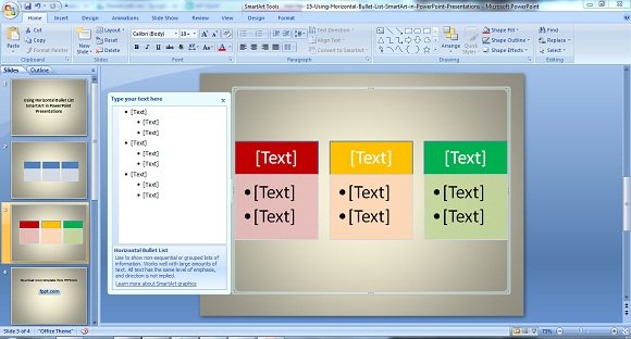 Using horizontal bullet list smartart in powerpoint presentations