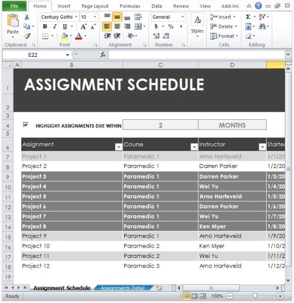 student assignment planner excel