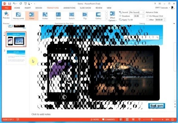 utility of the glitter transition effect in powerpoint