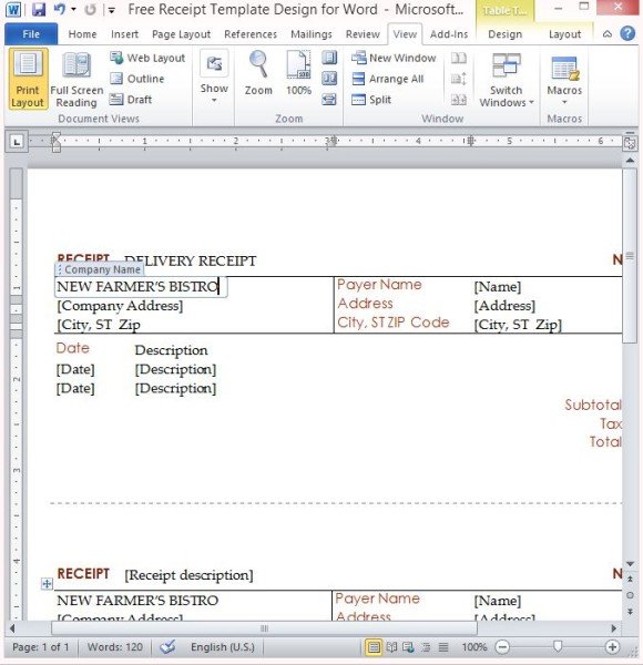 free receipt template design for word