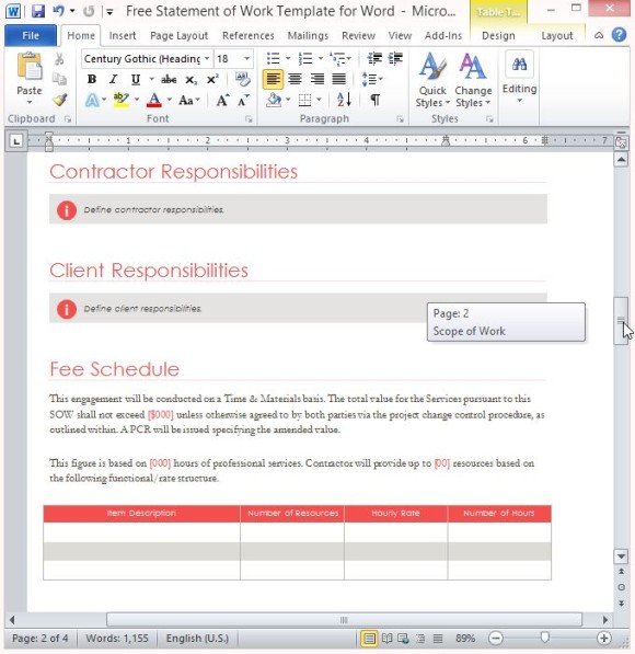 free statement of work template for word