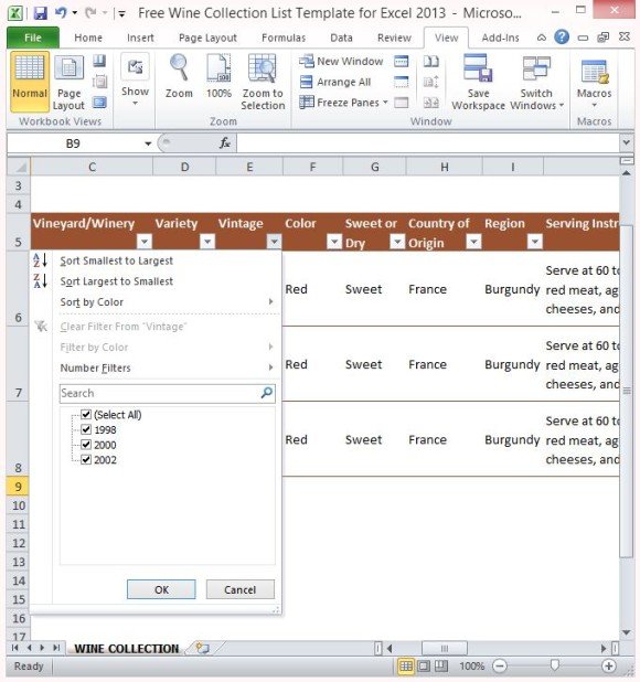 free wine collection list template for excel 2013 list templates free