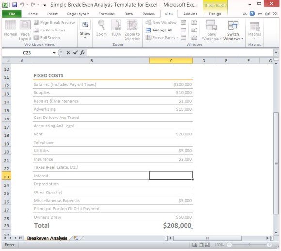 simple breakeven analysis template for excel 2013