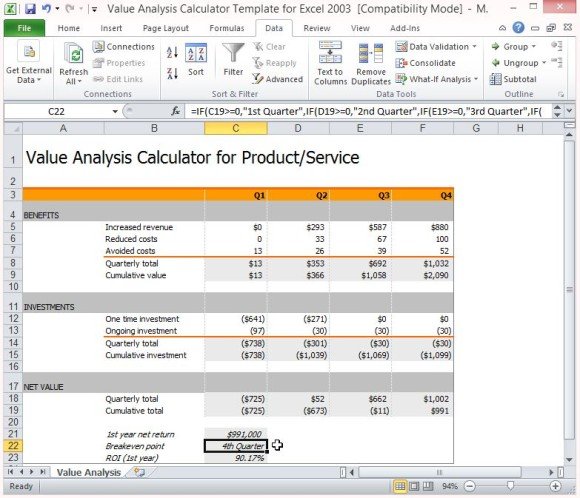 value analysis calculator template for excel