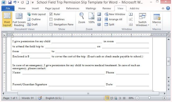 elementary field trip permission slip template