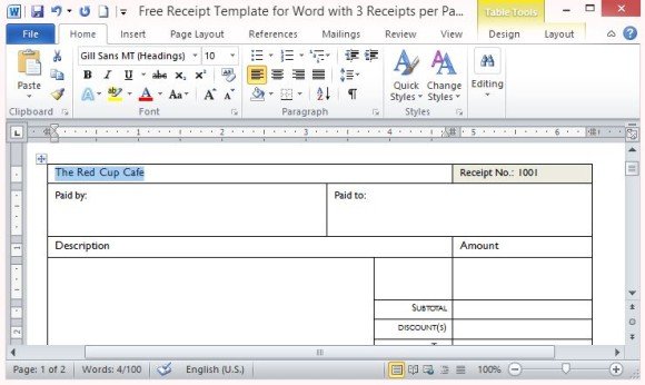 free receipt template for word with 3 receipts per page