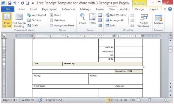 free receipt template for word with 3 receipts per page free receipt templates for word