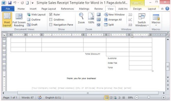 simple sales receipt template for word in one page