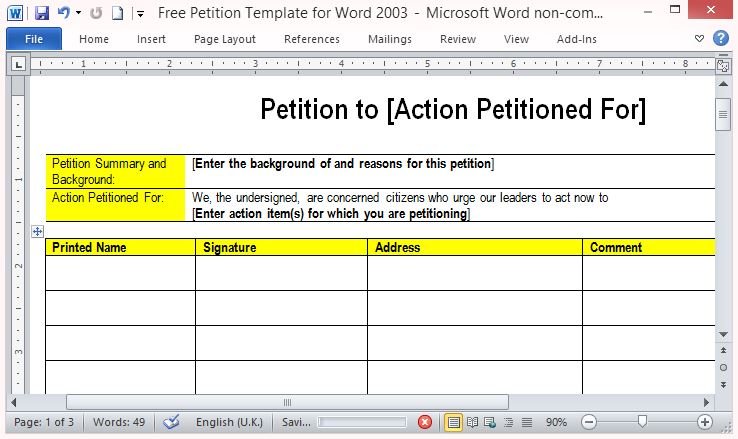 free petition template for word form a petition