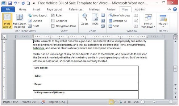 bill of sale for car as is condition