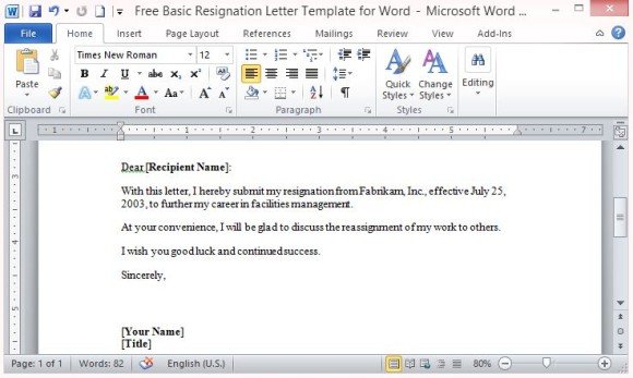 free basic resignation letter template for word resignation letter microsoft template