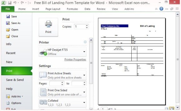 free bill of lading form template for excel blank bol form
