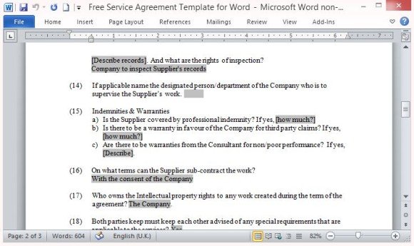 free service agreement template for word