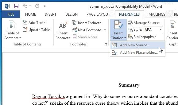 how to insert a citation in word 2013