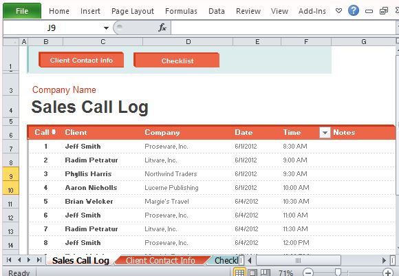 Sales Call Log Organizer For Excel