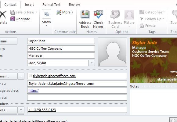 outlook contact template
