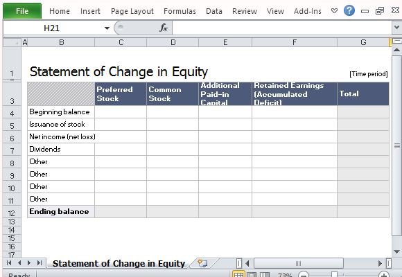 Statement Of Change in Equity Template For Excel