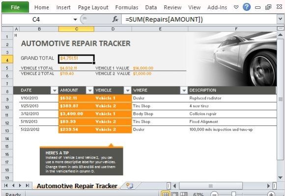 car repair tracker template