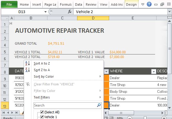 car repair tracker template for excel 2013