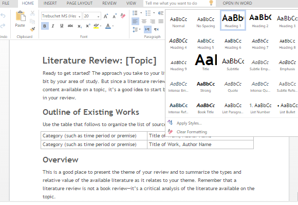 literature review template for word review of literature template