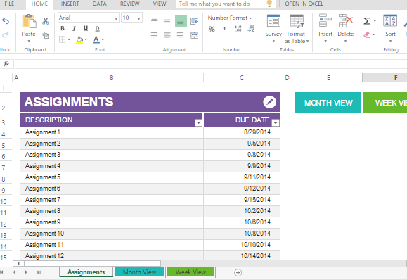 college assignments spreadsheet