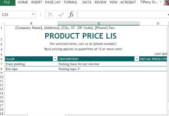 Price List Template Excel