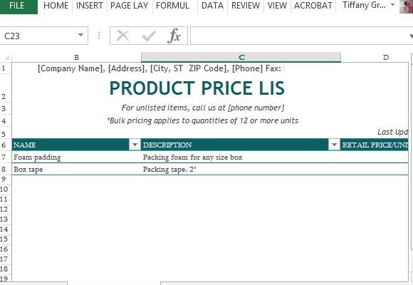product price list template for excel product pricing sheet template