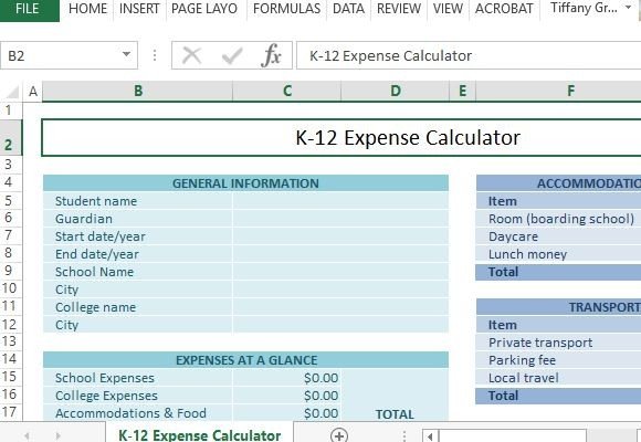 K 12 School Expense Calculator For Excel Expense Calculator Template In Excel For K 12