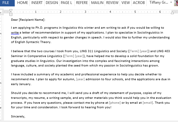 Letter Requesting Graduate School Recommendation Sample ...