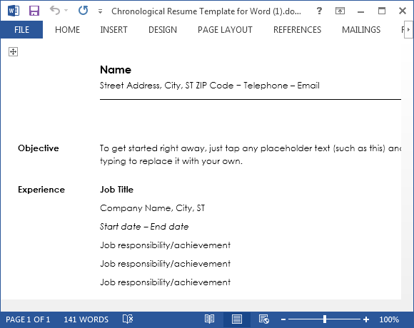 chronological resume template for word