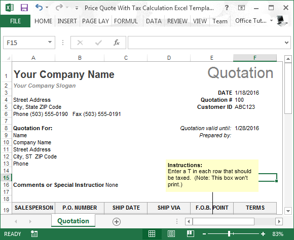 price quote with tax calculation template for excel