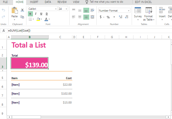 Calculate the Shopping List template in Excel