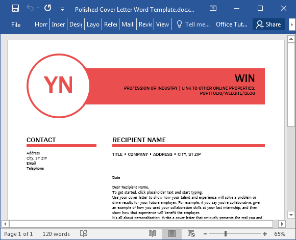 Polished cover letter Word template